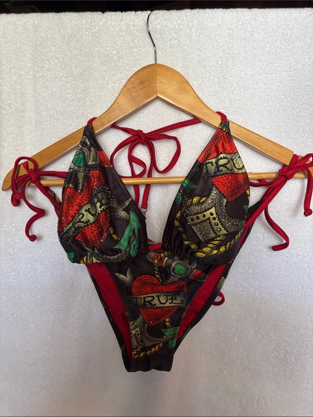 Ed Hardy Red Black Multi Print True Triangle Bikini Top